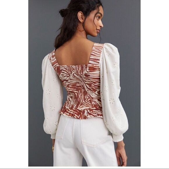 NEW Anthropologie Love the Label Smocked Puff-Sleeve Square Neck Blouse Medium - Picture 2 of 3